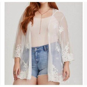 Torrid Ivory Embellished Fringe Mesh Kimono Size 1x-2x